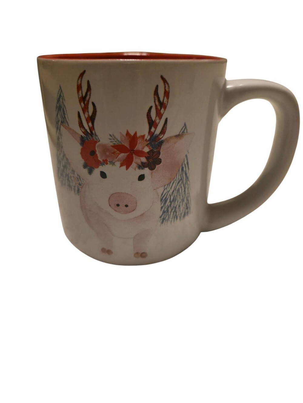Ceramic Pink Holiday Pig Mug with Floral Antlers